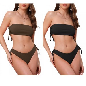 INSPIRE CHIC Women's Bandeau Drawstring Side Tie Ribbed Strapless Top Triangle Bottom Swimwear Bathing Bikini Suits 2 Sets - 1 of 4