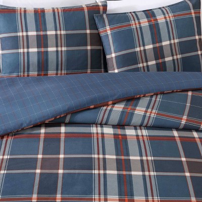 Navy Blue Plaid Microfiber Full/Queen Duvet Cover Set