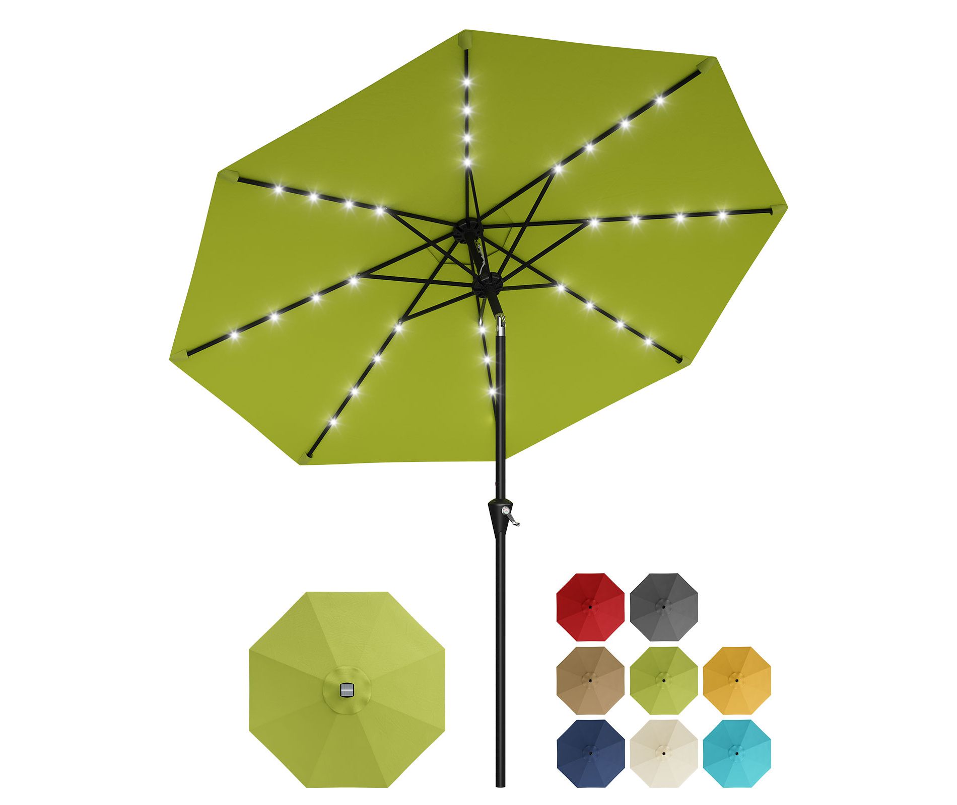 9/10 FT Solar LED Patio Umbrella with 8 Sturdy Ribs, Crank Lift & Push Button Tilt, Outdoor Market Umbrella for Pool, Deck, Yard & Garden
