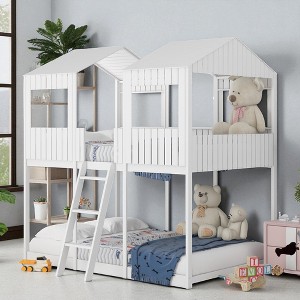 Full Over Full House Bunk Bed with Roof, Window, Guardrail, Ladder, No Box Spring Needed, Wood Frame for Kids or Teens - 1 of 4