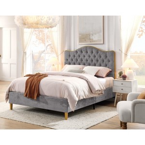 ORRD  Queen Upholstered Bed Frame with Tufted Curved Headboard, Modern Fabric Platform Bed for Bedroom,Beige - 1 of 4