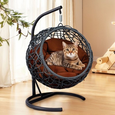 LAOTIES Indoor And Outdoor Cat Swing Bed with Stand,Hanging Rattan Wicker Egg Chair With Cushion,Cozy Hammock For Cats And Small Pets