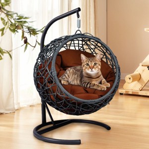 LAOTIES Indoor And Outdoor Cat Swing Bed with Stand,Hanging Rattan Wicker Egg Chair With Cushion,Cozy Hammock For Cats And Small Pets - 1 of 4