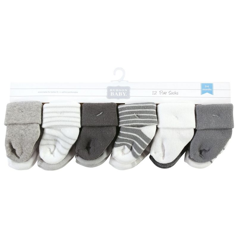 Hudson Baby Infant Boy Cotton Rich Newborn and Terry Socks, Gray Stripe 12 Pack, 2 of 9