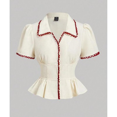 TIME HOLLOW Color Block Casual Blouse Top