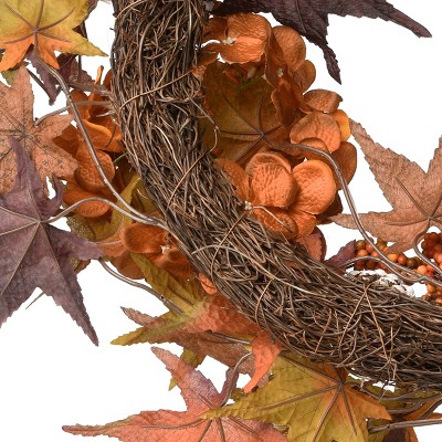 24" Orange and Brown Artificial Autumn Wreath with Pinecones and Hydrangeas