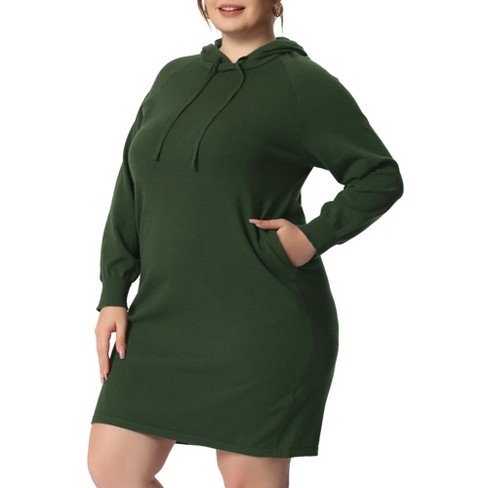 Agnes Orinda Women s Plus Size Fall Rib Knit Pullover Sweater Fashion Long Sleeve Hooded Bodycon Dress Army Green 2X