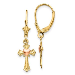 Black Bow Jewelry 14mm Heart on Cross Lever Back Earrings in 14k Yellow and Rose Gold - 1 of 4