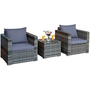 Tangkula 3-Piece Patio Wicker Conversation Set Bistro Rattan Sofa Chair with Washable Cushion Gray - 1 of 4
