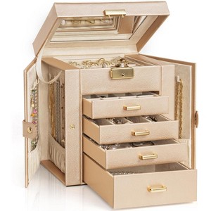 4-Tier Leather Jewelry Box with 3 Drawers Lockable Mirror and Organizer - 1 of 4