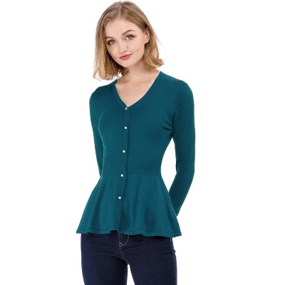 Allegra K Women's Slim Fit V-Neck Long Sleeve Ribbed Pullover Knitted Peplum Sweater
