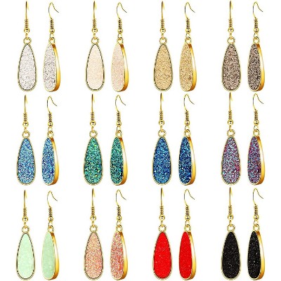 Hicarer 12 Pairs Faux Druzy Drop Earrings Crystal Pendant Dangle Multicolor Stainless Steel Earrings for Women