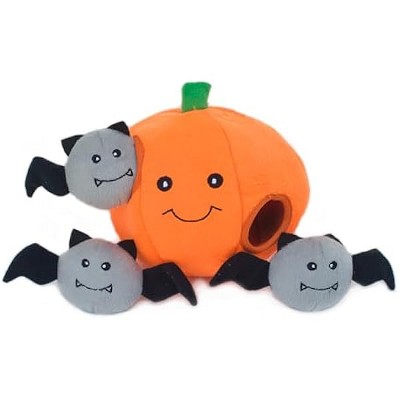 ZippyPaws Burrow- Interactive Dog & Puppy Toys for Boredom, Enrichment Squeaky Toy- Pumpkin with Bats