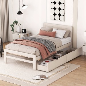 Gulches Modern Design Twin Size Platform Bed Frame with 2 Drawers for White Washed Color - 1 of 4