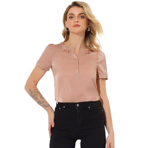 Allegra K Women's Satin Pleated Round Neck Button Front Puff Sleeve Office Blouse - 1 of 4