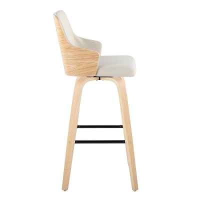 Set of 2 Cream and Natural Wood Swivel Barstools with Black Metal Footrest