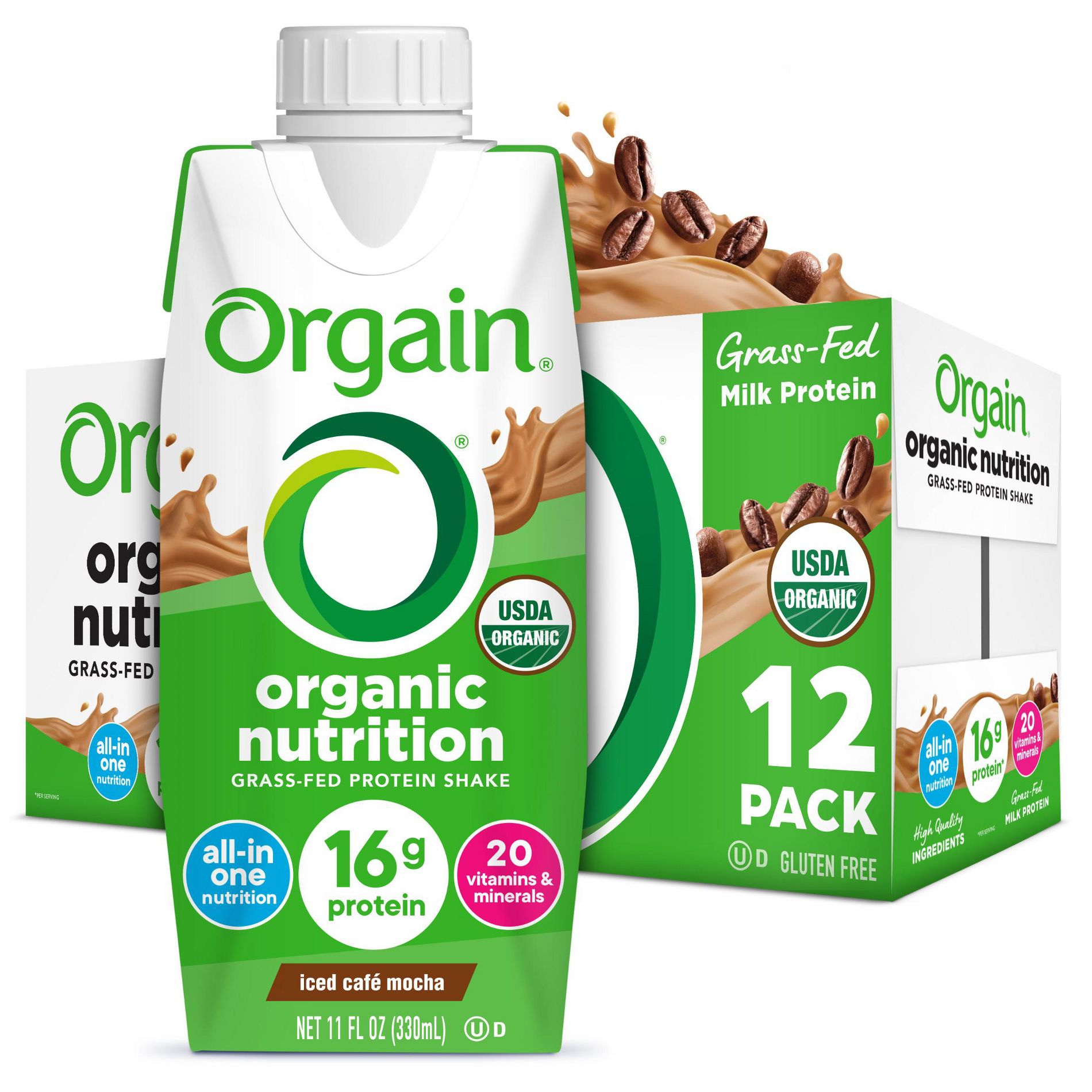 Orgain Organic Nutrition Shake, Grass Fed Protein, Iced Café Mocha 11 Fl Oz, 12 Count