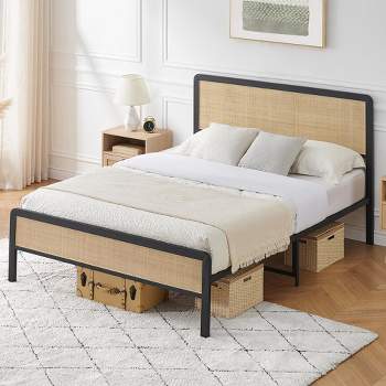 Full Queen Size Bed Frame with Rattan Headboard and Footboard, Platform Bed Frame with Strong Metal Slats Support, Mattress Foundation, White Oak