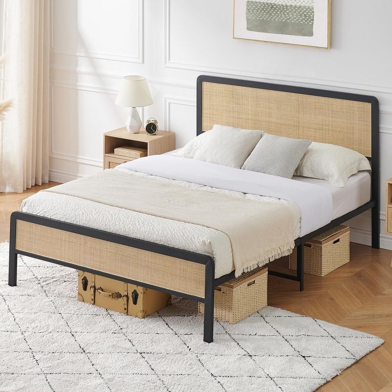 Full Queen Size Bed Frame with Rattan Headboard and Footboard, Platform Bed Frame with Strong Metal Slats Support, Mattress Foundation, White Oak, 1 of 9