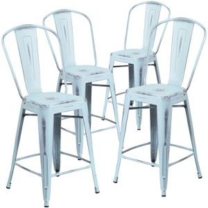Emma and Oliver Commercial Grade 4 Pack 24" High Distressed Metal Indoor-Outdoor Counter Height Stool with Back - 1 of 4