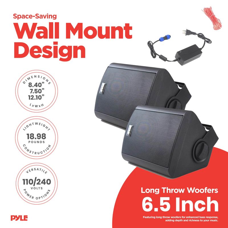 Pyle Audio Wall Mount 6.5 Inch Waterproof Bluetooth Indoor and Outdoor Speaker System Pair with Built-In Digital Amplifier, Black, 3 of 7