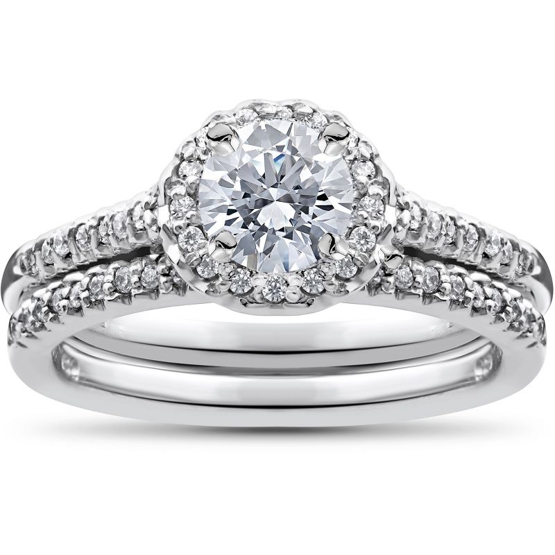 Pompeii3 3/4ct Pave Halo Diamond Engagement Ring Set 10K White Gold, 1 of 5