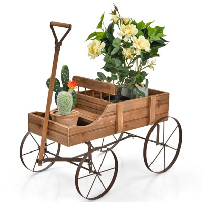 Tangkula Wooden Garden Flower Planter Wagon Wheel Plant Bed Decorative Garden Planter for Backyard Garden