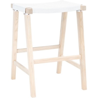 Sawhorse-Inspired White Leather and Natural Wood Counter Stool