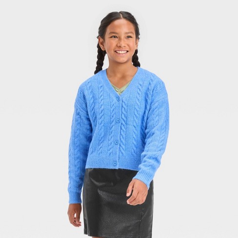 Girls' Cropped Cable Knit Cardigan Sweater - art class™ Blue L