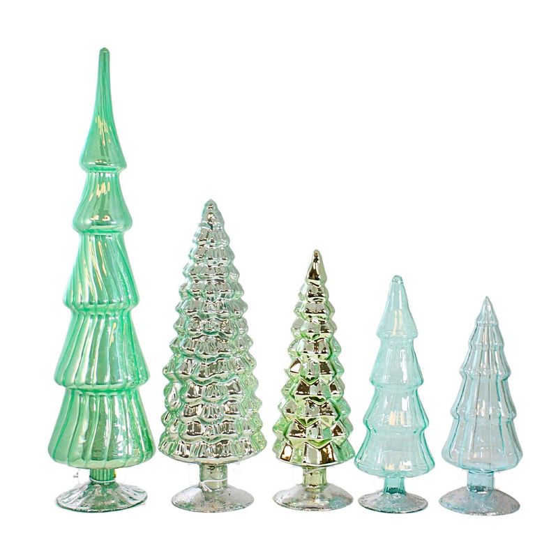 Cody Foster 17.0 Inch Winter  Green Hued Glass Trees Set / 5 Christmas Village Decorate Tree Sculptures, 3 of 4