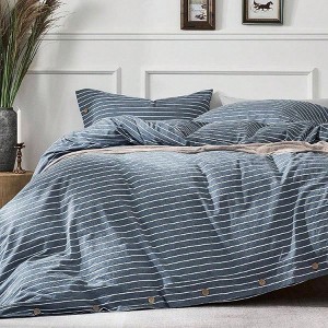 Blue Pinstriped Twin Duvet Cover Set 68x90in, 2PCS Washed Cotton Breathable Bedding with Button - 1 of 4
