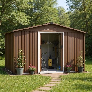 Acekool 8x10 FT Metal Outdoor Storage Shed, Lockable Sliding Doors, Vents, Sloped Roof, Brown Garden Tool Shed - 1 of 4