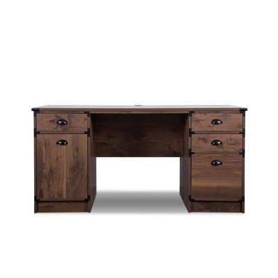 HomeRoots 59" Walnut Wood Pedestal Computer Desk With Four Drawers