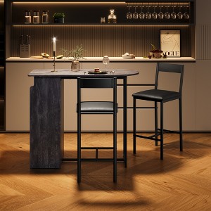 Bar Table and Chairs for 2, Dining Room Table with Double Tier Wine Rack and Glasses Hanging, White Marble Pattern and 2 Velvet Seat - 1 of 4