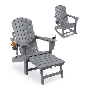 Adirondack Rocking Chair with Retractable Ottoman – Folding Outdoor Rocker Chair, Heavy Duty HDPE Material, Gray (380lb Capacity) - 1 of 4