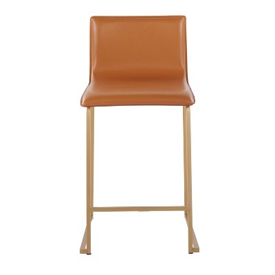 Set of 2 Gold Metal and Camel Faux Leather Counter Stools