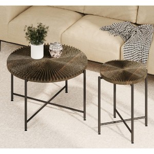 KIGFTSOD Radial Pattern Coffee, End Table, Waterproof MDF with PVC Cover, Distressed Cylindrical, Black Metal Legs, Classic Rustic - 1 of 4