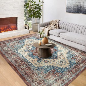 Boho Area Rug Oriental Floral Rugs Bedroom Living Room Indoor Rugs Soft Vintage Rugs, 8' x 10' Red - 1 of 4