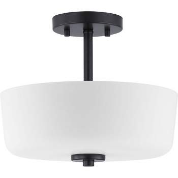 Progress Lighting Tobin Collection 2-Light Semi-Flush Convertible Ceiling Light in Black Finish with Etched White Glass Shade