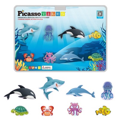 PICASSO-TILES 8 PC Marine Animal Character Theme Set Magnetic Tiles, Building Blocks, STEM Toys for Kids 3+