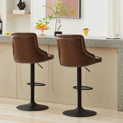 Adjustable Brown Faux Leather Swivel Bar Stools with Nailhead Trim, Set of 2