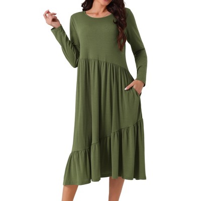 Seta T Women's Fall Long Sleeve Crewneck Pleated Tiered Swing Midi Dress with Pockets