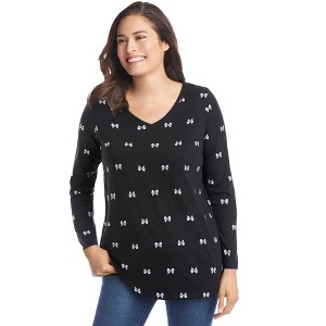 Woman Within Perfect Printed Long-Sleeve V-Neck Tee - 1 of 4