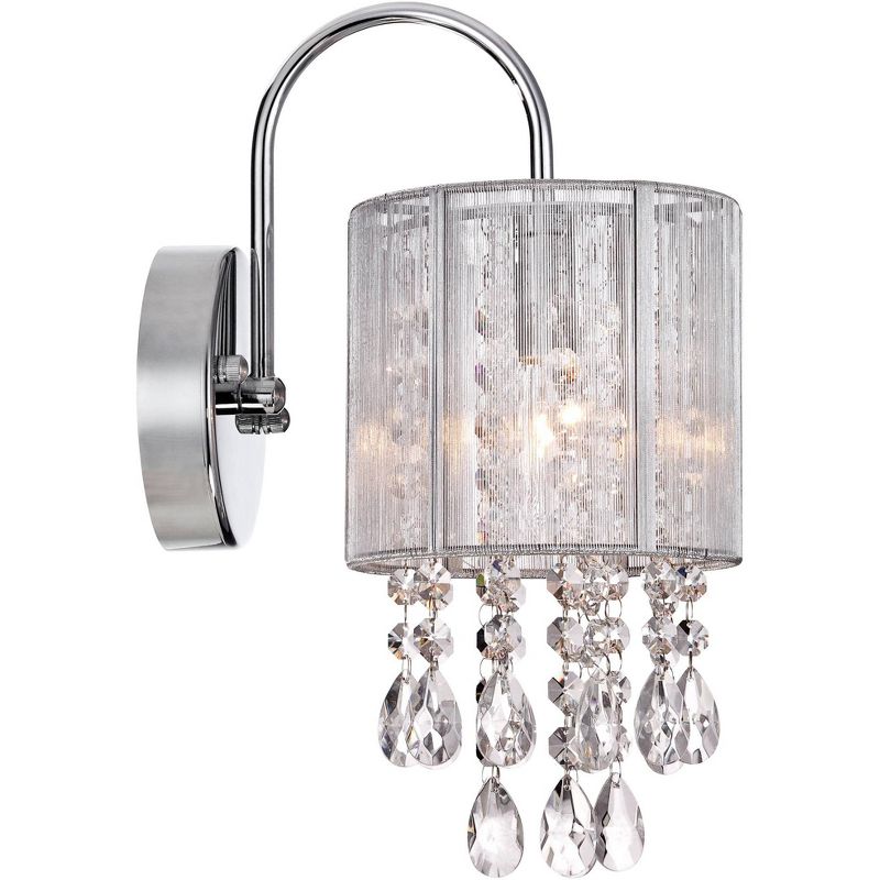 Possini Euro Design Modern Wall Light Sconces Set of 2 Chrome Hardwired 6" Fixture Curved Arm Clear Crystal Silver String Drum Shade for Bedroom House, 5 of 9