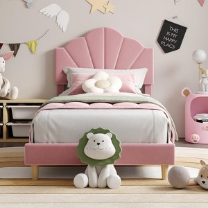 Velvet Bed Frame with Adjustable Headboard -Upholstered Platform Bed for Kids & Teens, Wood Slat Support, Easy Assembly - 1 of 4
