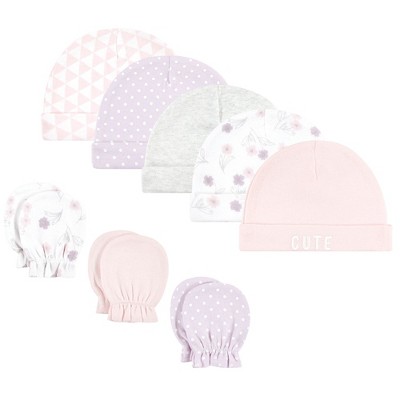 Image of Hudson Baby Infant Girl Cotton Cap and Scratch Mitten Set, Lavender Floral, 0-6 Months