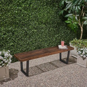 61.75" Contemporary Acacia Wood Dining Bench with Powder-Coated Iron Legs for Outdoor Use -3irtyhousy - 1 of 4