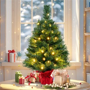 Angel Sar 24" Mini LED Christmas Tree with Cement Base, 35 Warm White Lights Tabletop Tree, Flame-Retardant PVC for Desk - 1 of 4