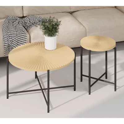 NicBex Natural 2-Piece Round Coffee Table & End Table Set,Distressed Wood Design & Black Metal Legs,Center Table for Living Room