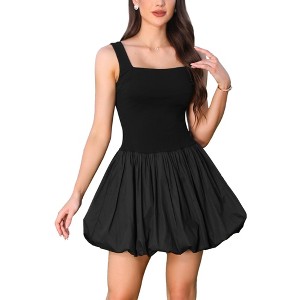 INSPIRE CHIC Women's Sleeveless Square Neck Bubble Hem Dressy Casual A-Line Mini Dresses Small Black